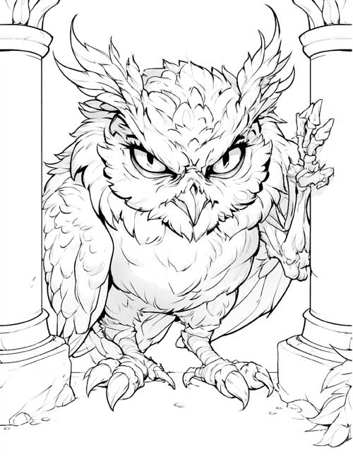 Anime style coloring page of a watchful strix