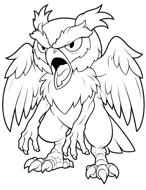 Cartoon coloring page of a strix screeching with its beak wide open