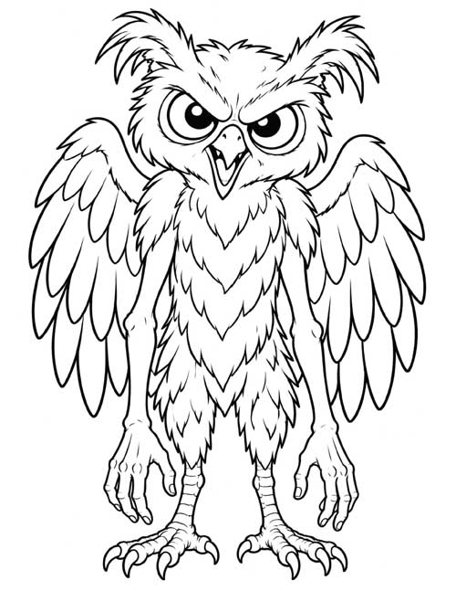 Cartoon coloring page of a grumpy strix standing with its wings spread