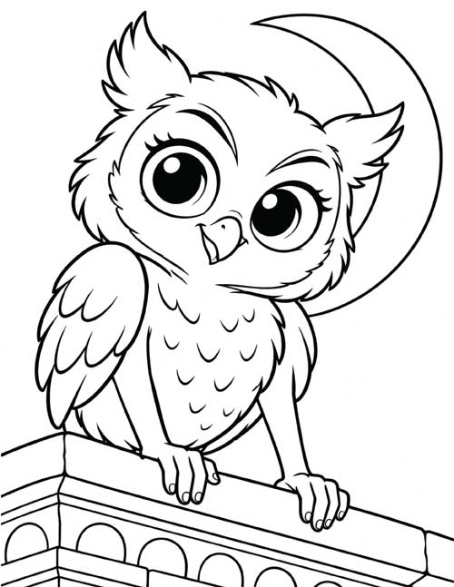 Cute coloring page of a smiling strix perched on a wall under the moon