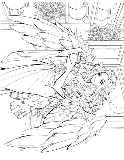 Detailed coloring page of Pamphile spreading her new owl wings