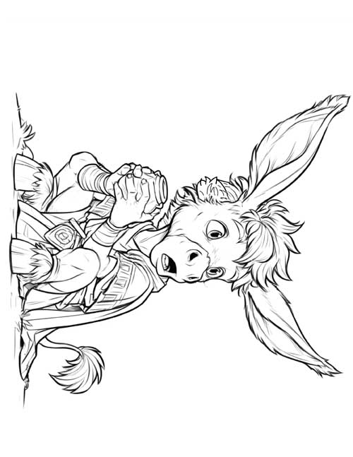 Coloring page of Lucius turned into a donkey, looking shocked and holding the jar of ointment