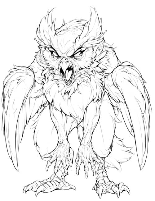 Sketch coloring page of a scary strix crouching with its beak open