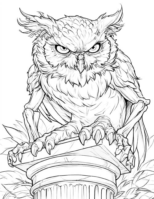 Detailed coloring page of a strix gripping the top of a stone column