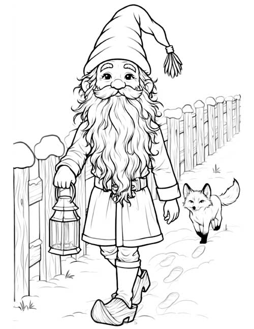 Coloring page of a tomte walking beside a snowy fence with a lantern and a fox trotting behind him