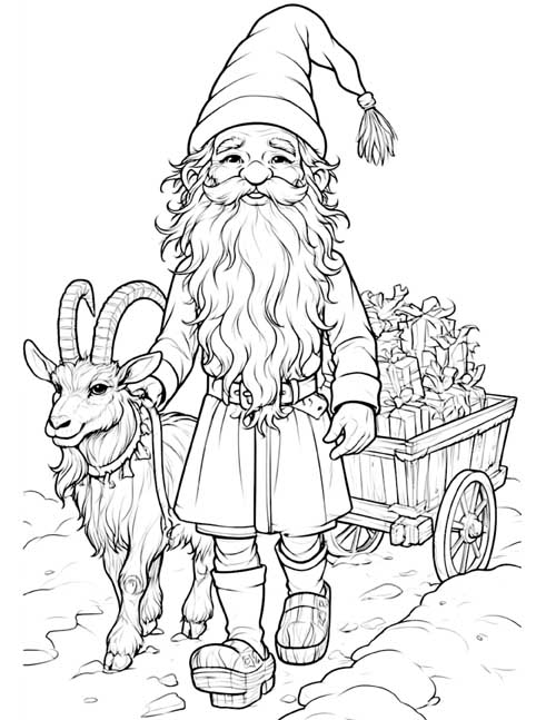 Coloring page of a tomte leading a goat that pulls a cart full of presents