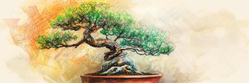 pencil crayon sketch of a bonsai tree