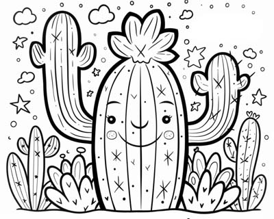 cute cactus with a face coloring page