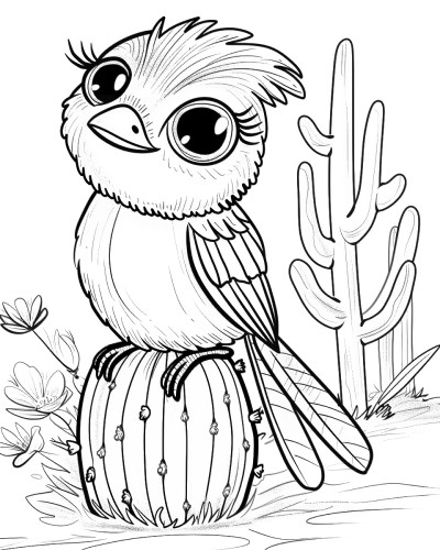 coloring page of a cactus and a cactus wren