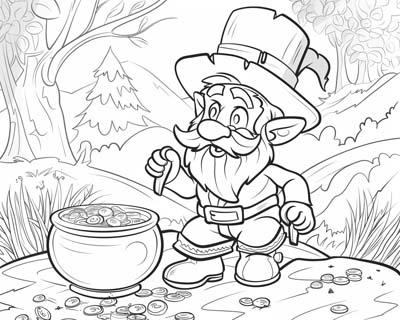 coloring page of a leprechaun and his pot of gold