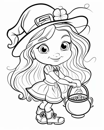 coloring page of a leprechaun girl with a pot of gold
