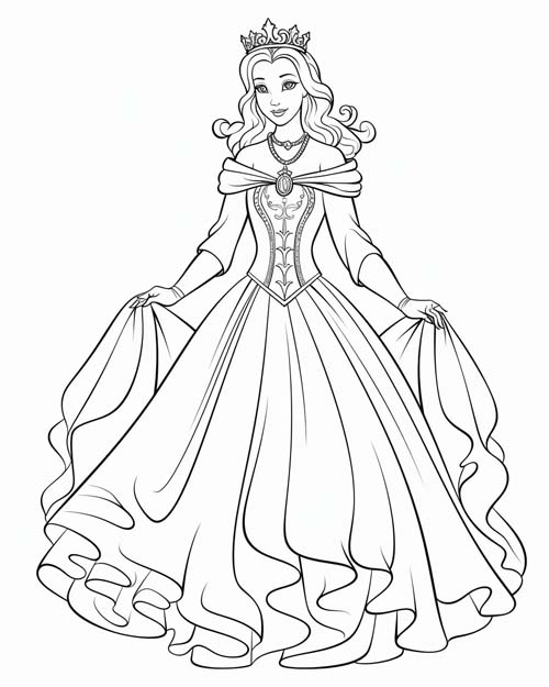 coloring page of a princess dressed for the ball