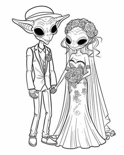 coloring page of a bride and groom aliens at a wedding