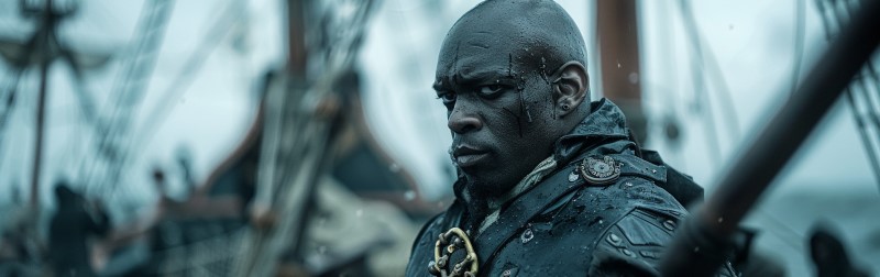 Black Caesar standing onboard a pirate ship