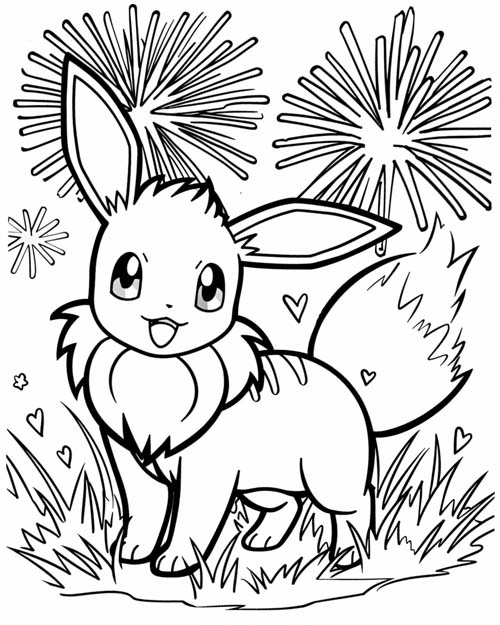 Pokemon Coloring Page of Eevee and Fireworks