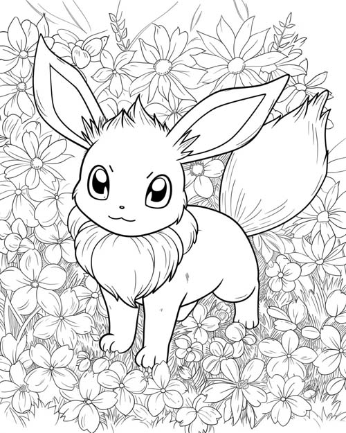 Pokemon Coloring Page of Eevee in the flowers