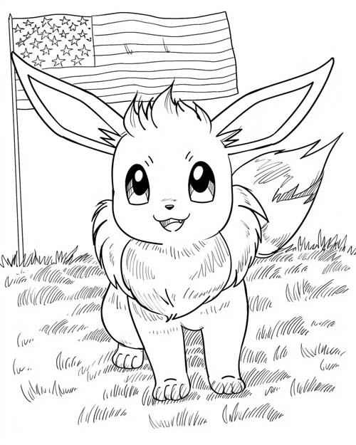 Pokemon Coloring Page of Eevee and the American Flag