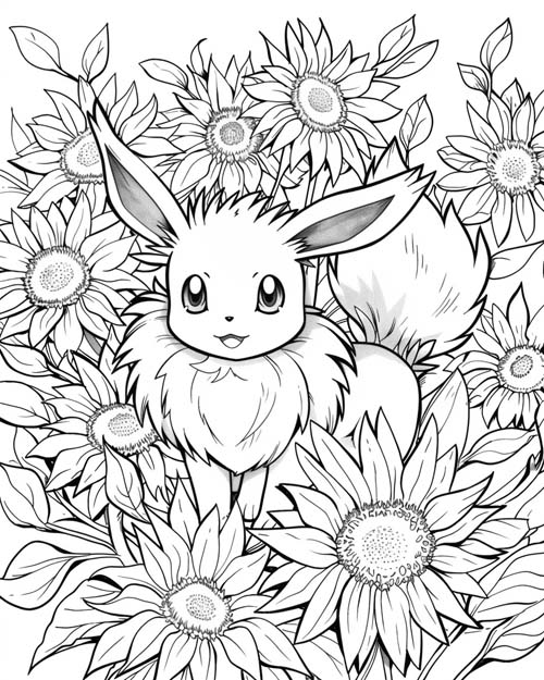 Pokemon Coloring Page of Eevee in the sunflowers