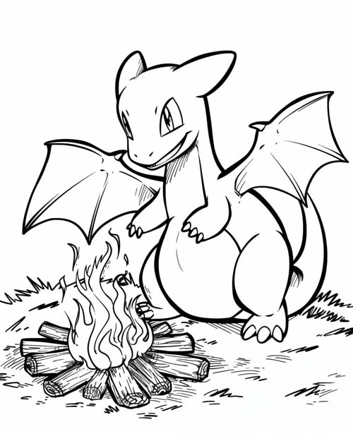 coloring page of charizard by the campfire