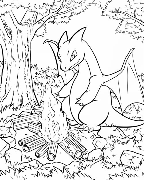 coloring page of charizard by the campfire