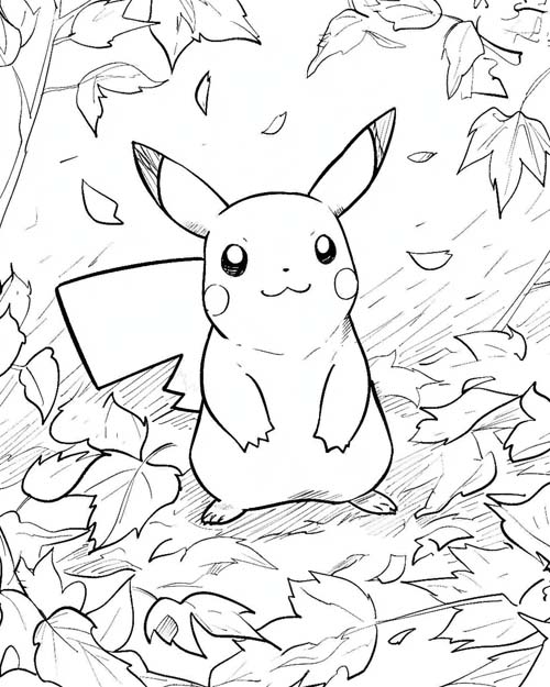 fall coloring page of pikachu