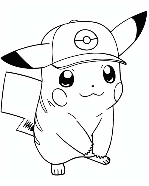 coloring page of Pikachu in a pokeball cap