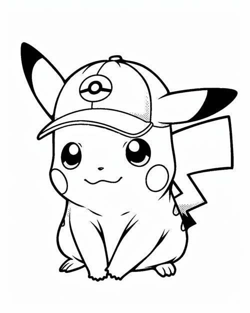 coloring page of Pikachu in a pokeball cap