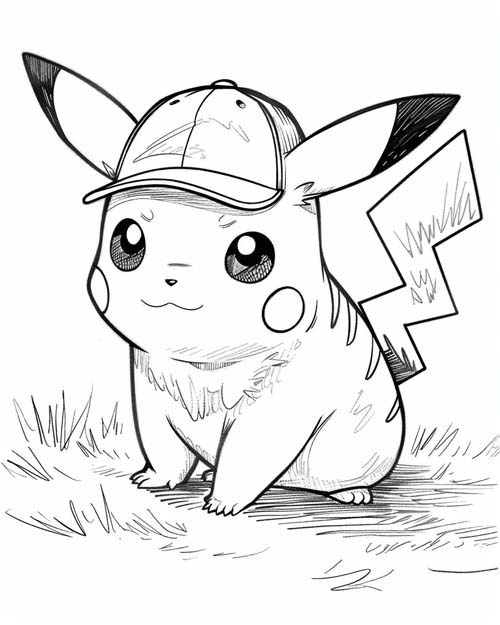 coloring page of Pikachu in a baseball cap