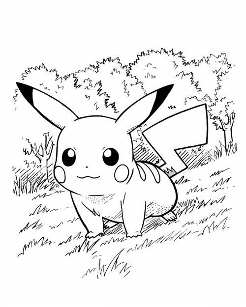 coloring page of pikachu in the forest 