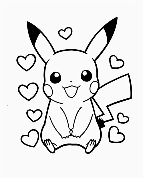hearts coloring page of pikachu