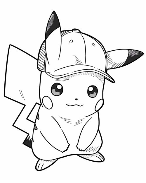 coloring page of Pikachu with a cap