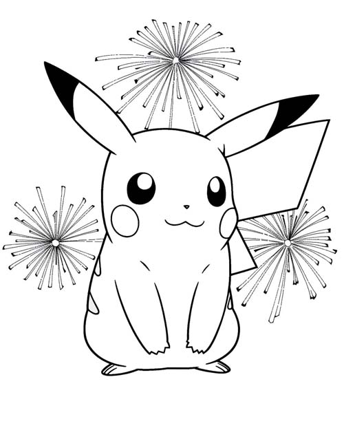 coloring page of pikachu and fireworks