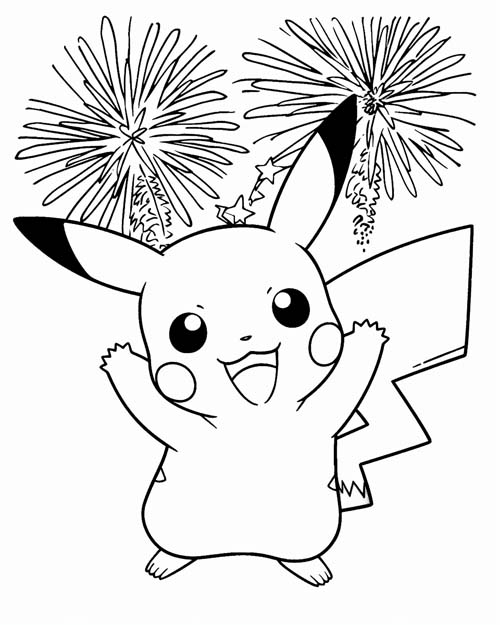 coloring page of pikachu and fireworks