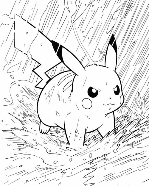coloring page of Pikachu in a storm