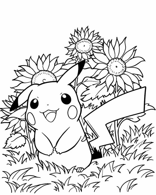 coloring page of pikachu and sunflowers
