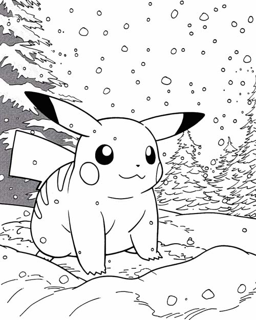 winter coloring page of pikachu