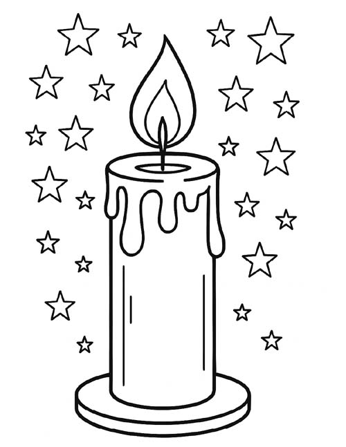 coloring page of a candle of remembrance with stars
