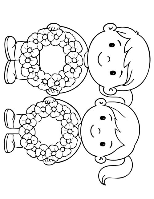 coloring page of children holding wreaths