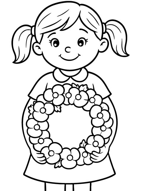 simple coloring page of a girl holding a poppy wreath