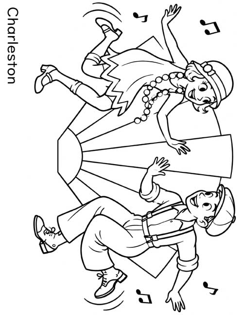 Cartoon coloring page of a flapper and her partner dancing the Charleston