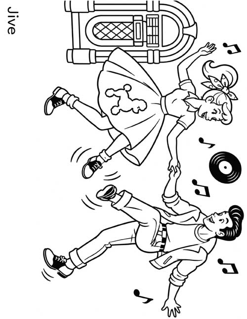 Cartoon coloring page of a 1950s couple dancing the jive beside a jukebox