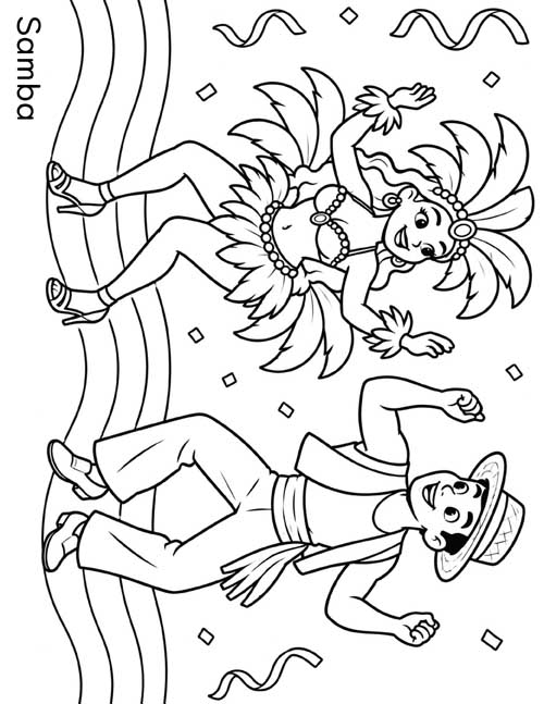 Cartoon coloring page of a couple dancing the samba at Carnival