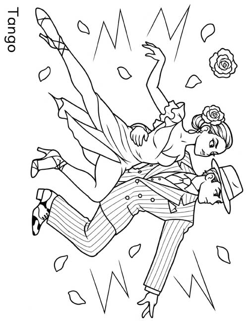 Cartoon coloring page of a couple dancing the tango with roses