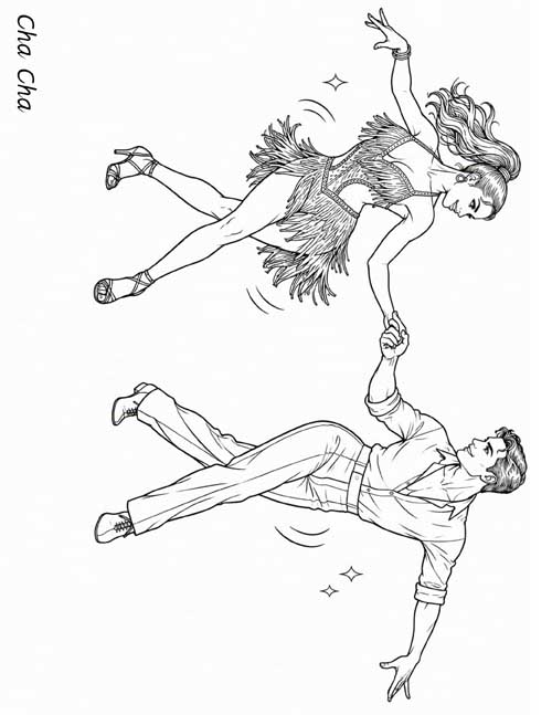 Coloring page of a couple dancing the cha cha, the woman in a fringed dress