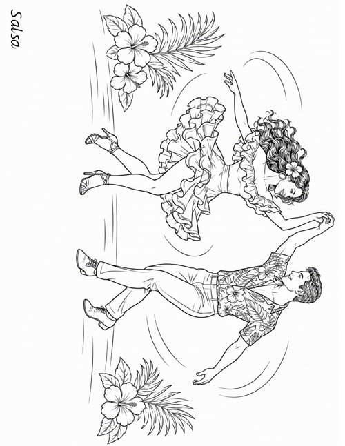 Coloring page of a couple dancing salsa with tropical flowers