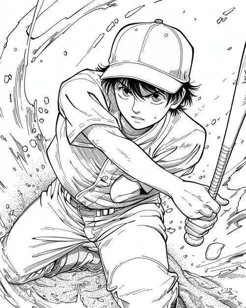 anime coloring page of a boy playing baseball