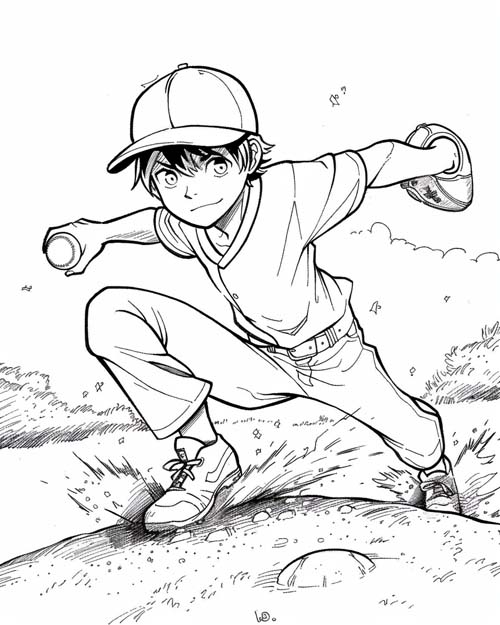 coloring page of a boy playing baseball