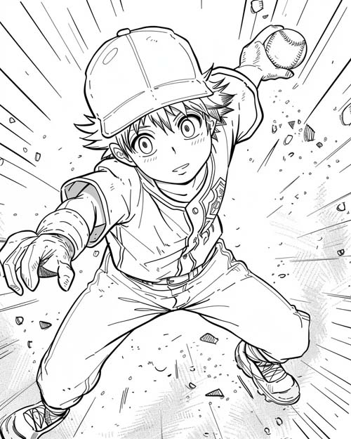 anime coloring page of a boy playing baseball
