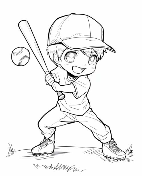 chibi coloring page of a boy playing baseball