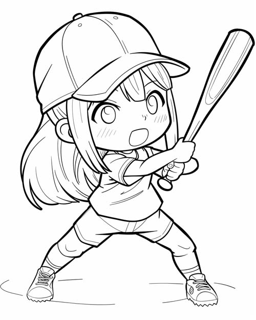 chibi coloring page of a girl playing baseball